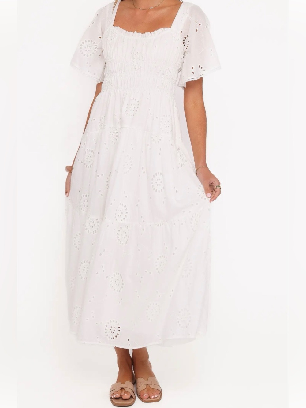 Petal + Pup | White Eyelet Smocked Whimsical Midi Dress - Picture 6 of 8
